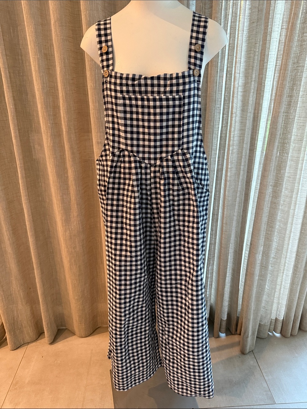 NWOT Vonda Gingham Square-Neck Wide-Leg Jumpsuit - Navy & White Sz M